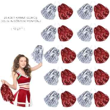 Kırmızı Gümüş Metalik Dolgun Gösteri Ponponu - 20 Adet (10 Çift)