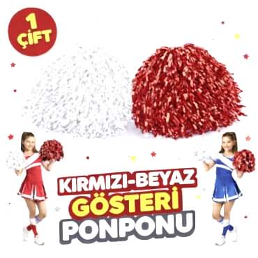 2 Adet Kırmızı - Beyaz Renk Okul Gösteri Ponponları Ekstra Dolgun