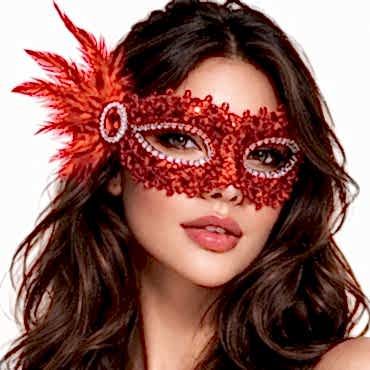 Kırmızı Taşlı Venedik Parti Maskesi – Tüylü Payetli