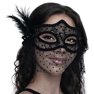 Siyah Dantel Tüllü Peçeli Parti Maskesi - Tüylü İnci Detaylı
