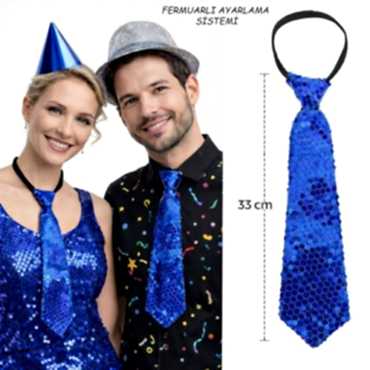 Mavi Renk Pul Payetli Işıltılı Parti Kravatı 33 cm