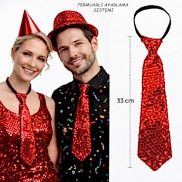Kırmızı Renk Pul Payetli Işıltılı Parti Kravatı 33 cm
