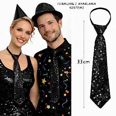 Siyah Renk Pul Payetli Işıltılı Parti Kravatı 33 cm