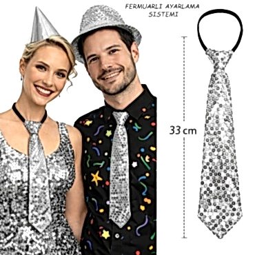 Gümüş Renk Pul Payetli Işıltılı Parti Kravatı 33 cm
