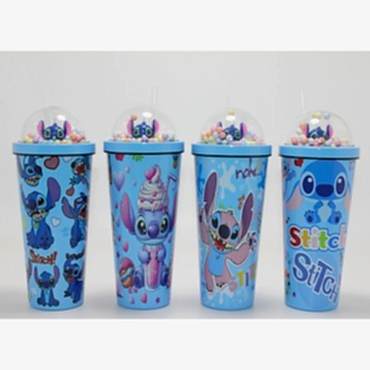 Sevimli Stitch Pipetli Boncuklu Termos Ve Suluk 