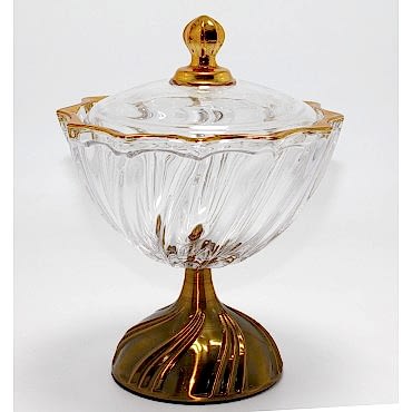 Metal Ayaklı Kristal Cam Şekerlik Gold Detaylı Sunumluk