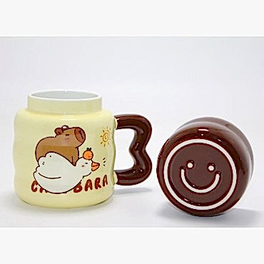 Capybara Tasarımlı Isı Muhafazalı Kapaklı Porselen Bardak