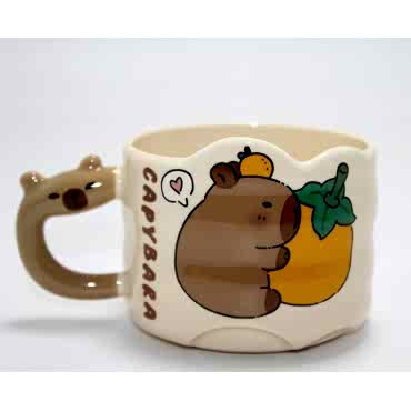 Capybara Figürlü Yayvan Formlu Porselen Kupa Bardak