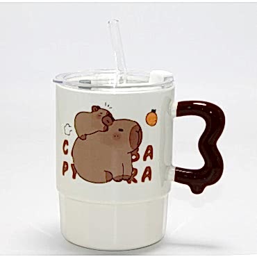 Sevimli Capybara Figürlü Kapaklı Porselen Kupa Bardak