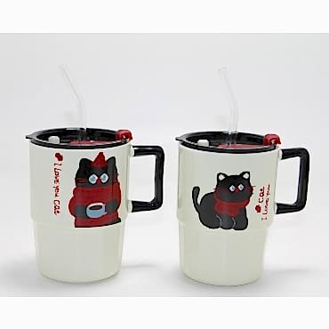 Sevimli Şaşkın Kedi Figürlü Pipetli Kapaklı Porselen Kupa Bardak