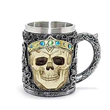 Taçlı Kurukafa Kralı 3D Kabartmalı Çelik Kupa Bardak