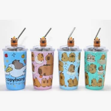 Capybara Figürlü Isı Muhafazalı Metal Pipetli Paslanmaz Çelik Kupa 
