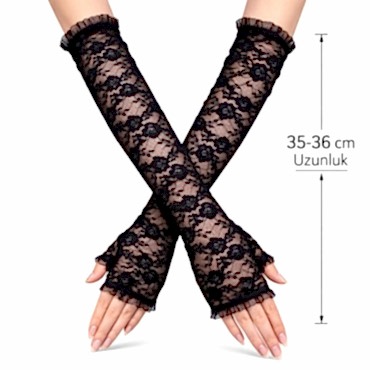Uzun Zarif Dantel Eldiven Parmaksız Siyah 