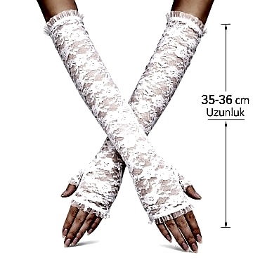 Uzun Zarif Dantel Eldiven Parmaksız Beyaz