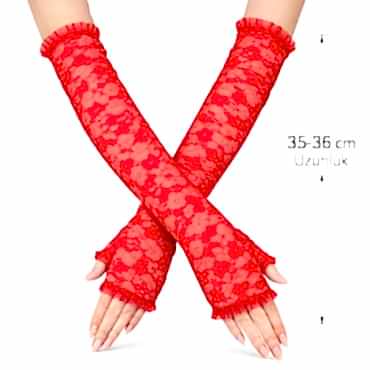 Uzun Zarif Dantel Eldiven Parmaksız Kırmızı 