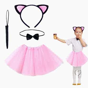 Pembe Renk Kedi Kostüm Seti - Tütü, Taç, Papyon, Kuyruk