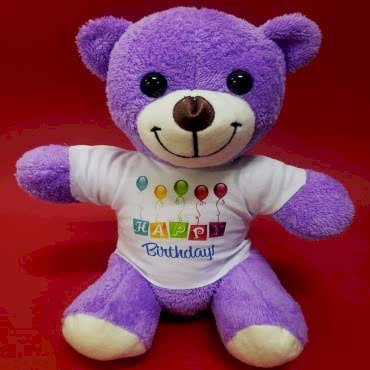 Happy Birthday Tişörtlü Peluş Mor Ayıcık
