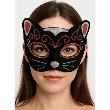 Kadife Dokulu Simli Kedi Maskesi Kırmızı Gümüş Detaylı 
