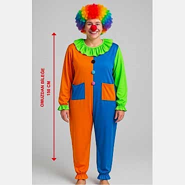Palyaço Kostüm Seti 150 cm (Peruk + Burun + Kostüm)