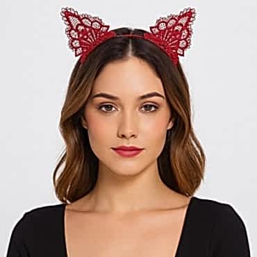 Dantelli Kırmızı Kedi Tacı - Vintage Tarz Dantel Kedi Kulak