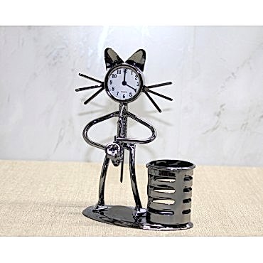 Metal Saksafon Çalan Müzisyen Kedi Saat Ve Kalemlik 