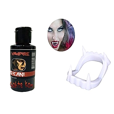 Beyaz Renk Çift Damak Takma Vampir Dişi ve 50 gr Tiyatro Kanı Set