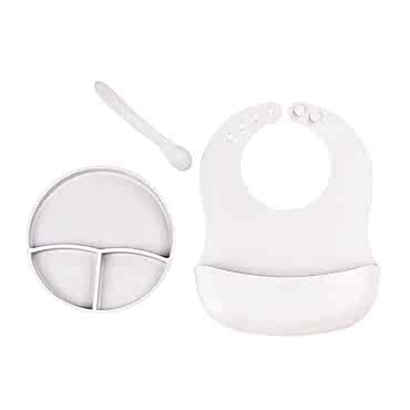 Gri 3’lü Silikon Yemek Seti – Önlük + Diş Kaşıyıcılı Kaşık + Vakumlu Tabak    