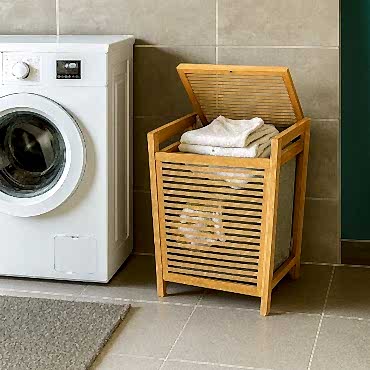 Orta Boy Ahşap Bambu Kirli Sepeti 40x35x60 