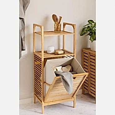 2 Organizer Raflı Ahşap Bambu Çek-Aç Kirli Sepeti