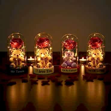 Ayıcıklı Ledli Gül Fanus 