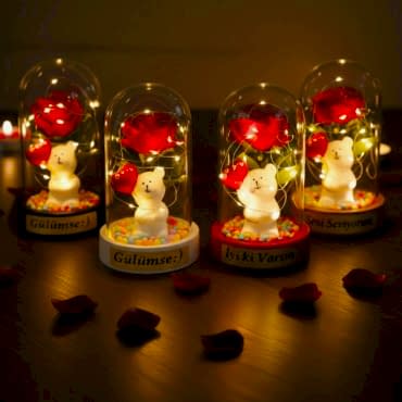 Balonlu Ayıcık Ledli Gül Fanus 