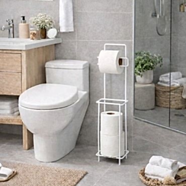 Beyaz Standlı Yedek Hazneli Tuvalet Kağıtlığı 